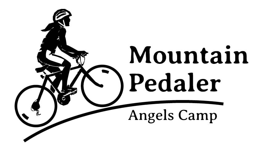 logo picture of person riding bicycle with words Mountain Pedaler Angels Camp